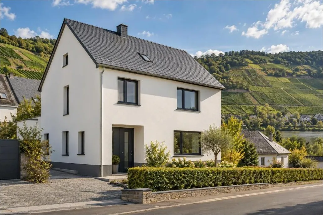 Maison rénovée dans la Moselle, enduit blanc et socle gris